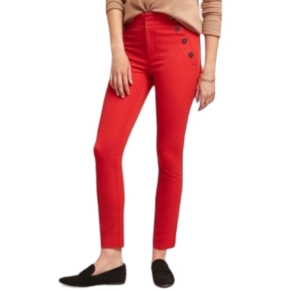 Anthropologie | Women's Red Essential Slim Pants With Side Buttons (US Size 4) - Picture 2 of 16